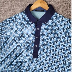 Greyson Mens Geometric Print Button Down Golf Polo Shirt Blue Size L